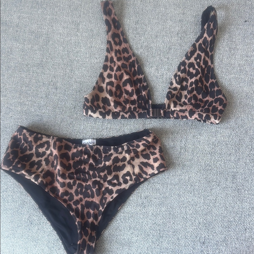 Ganni Brown and Black Leopard Bikini Set